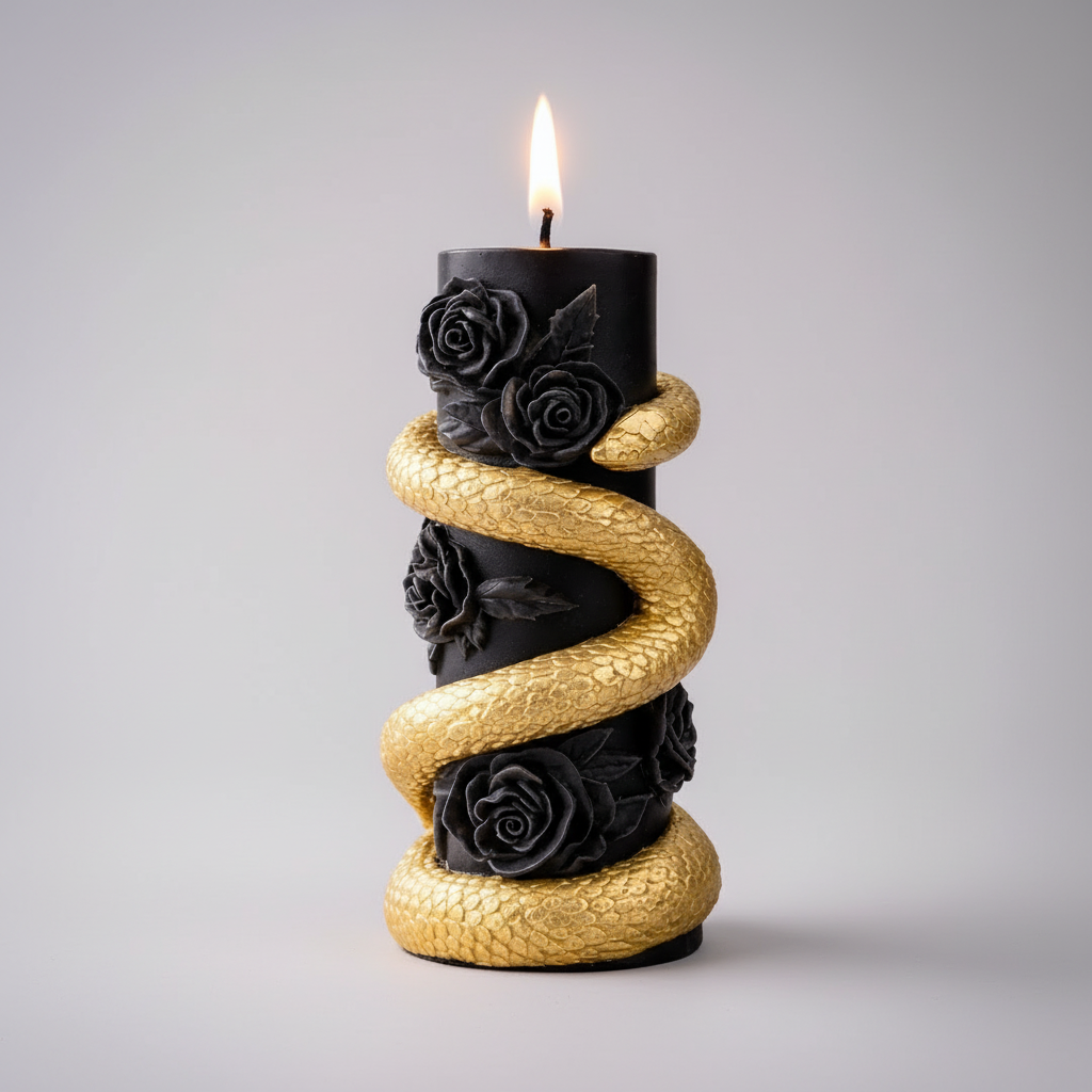 Decorative candle with gold snake and black roses on a table with blurred background
