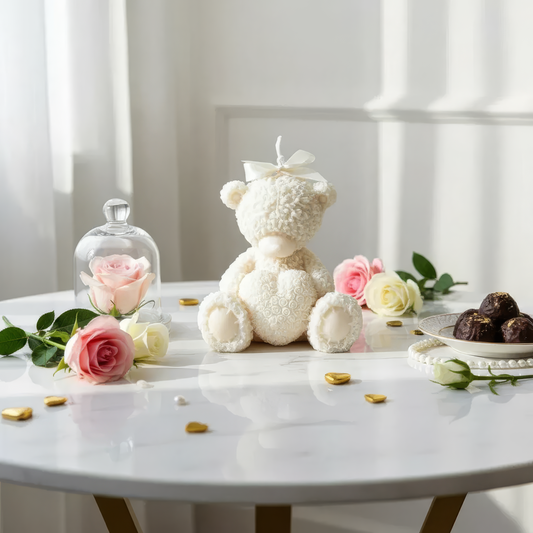 White teddy bear with a bow, roses, and truffles on a marble table to show details of Valentine’s Day Handmade Soy Wax Candle Gift Set Ivory Bear