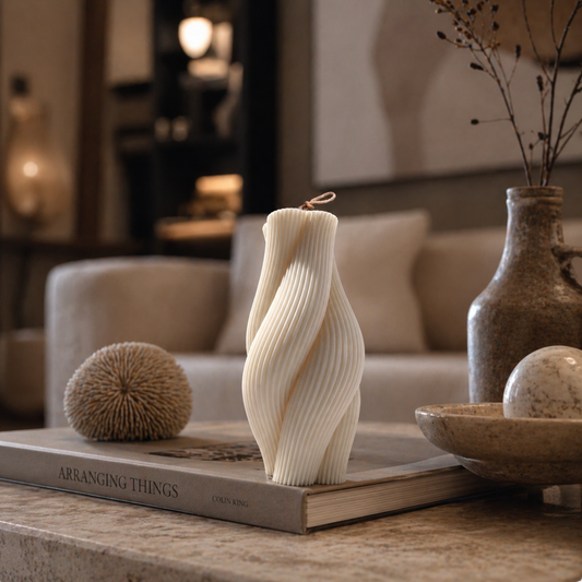 Twisted Stripe - Large Pillar Candle. Luxury handcrafted sculptural soy wax candle by Warm Warren London, designed for modern and timeless interiors. Uniq, luxury gift.