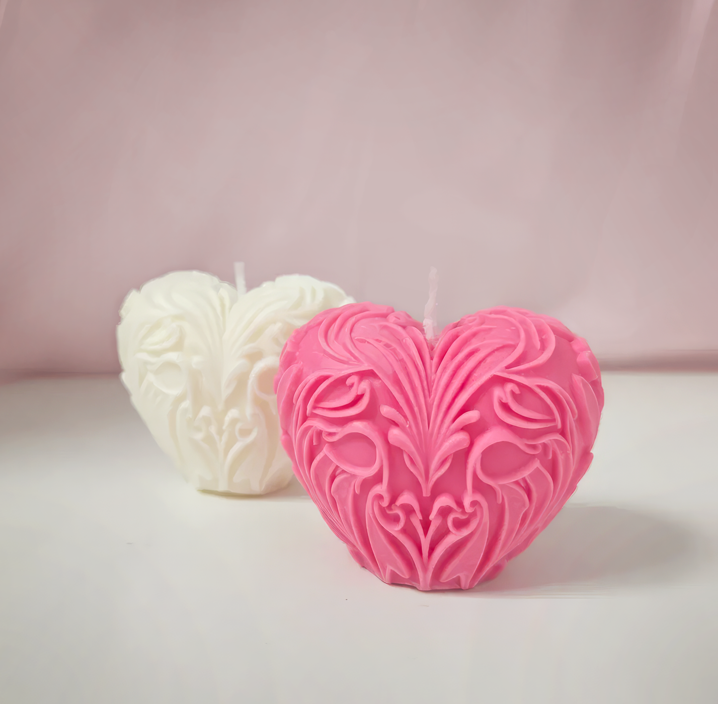 Carved Heart Candle Gift Set - Soy Wax Handmade Valentine's Day gift set as two carved floral heart pink and white close-up photo