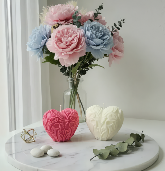 Carved Heart Candle Gift Set - Soy Wax Handmade Valentine's Day gift set as two carved floral heart pink and white