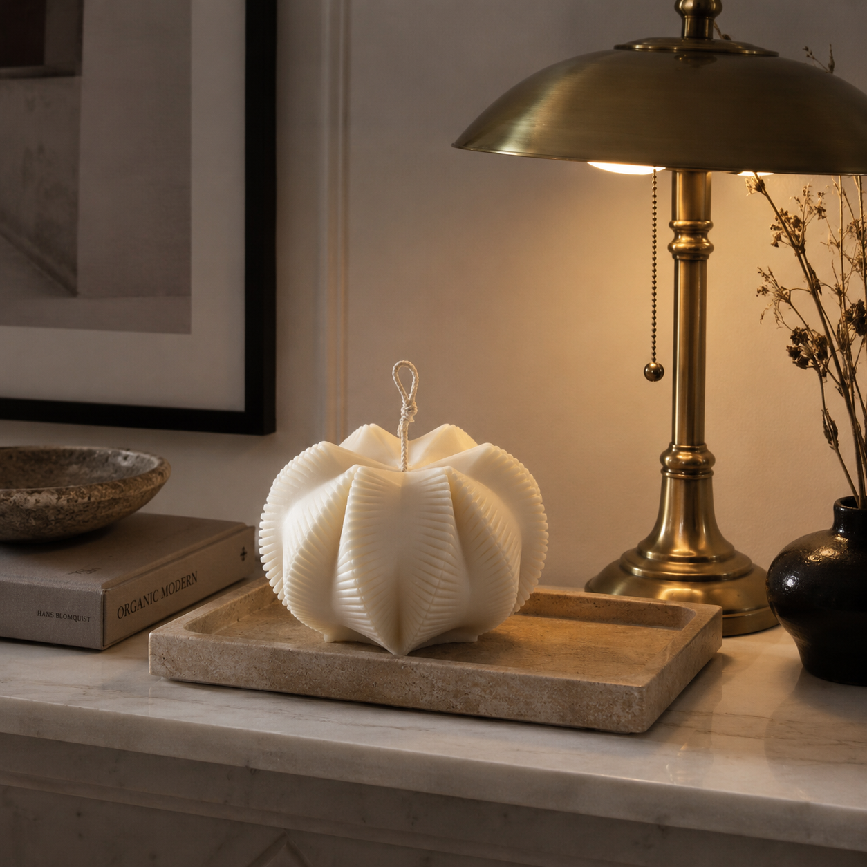 Nexus Pillar Candle in premium natural ivory wax, featuring a modern geometric sculptural design. Hand-poured in London as a luxury decorative candle for contemporary home interiors.