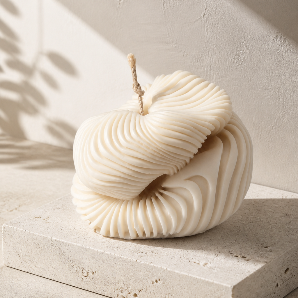 Ivory Ethereal Fold Pillar Candle with layered ribbed curves. Soy wax handmade