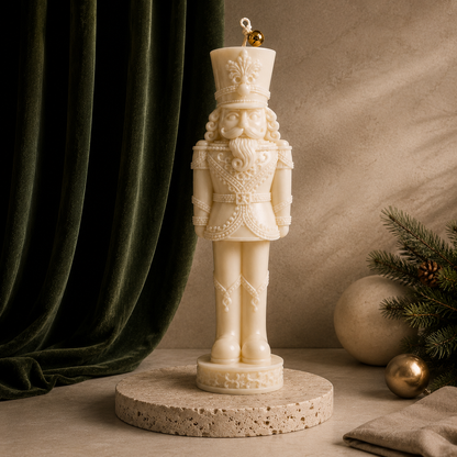 An off-white Christmas nutcracker figurine candle with a gold hanging loop, displayed on a round stone coaster. The scene is styled with a dark green velvet curtain on the left, a textured beige wall, and holiday decorations including pine branches, a gold ornament, and a beige bauble on the right.