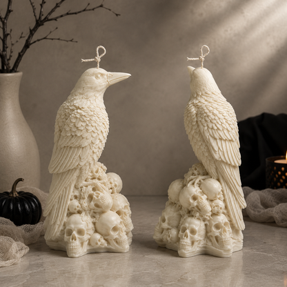 Two ornate white raven soy wax candle, perched on skull-and-sculpted bases, displayed on a tabletop with a neutral studio-style decorative background. Hand poured Warm Warren London