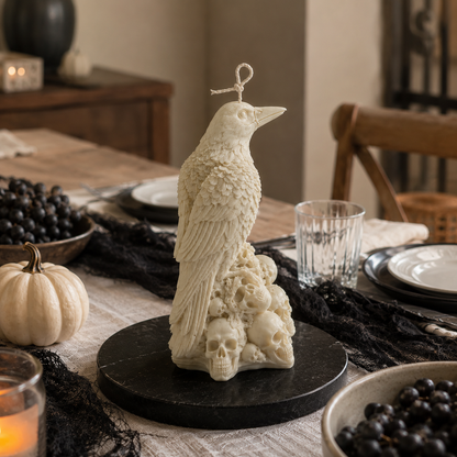 Luxury ivory Raven on Skulls soy wax candle displayed on a black stone tray as elegant gothic Halloween home décor.