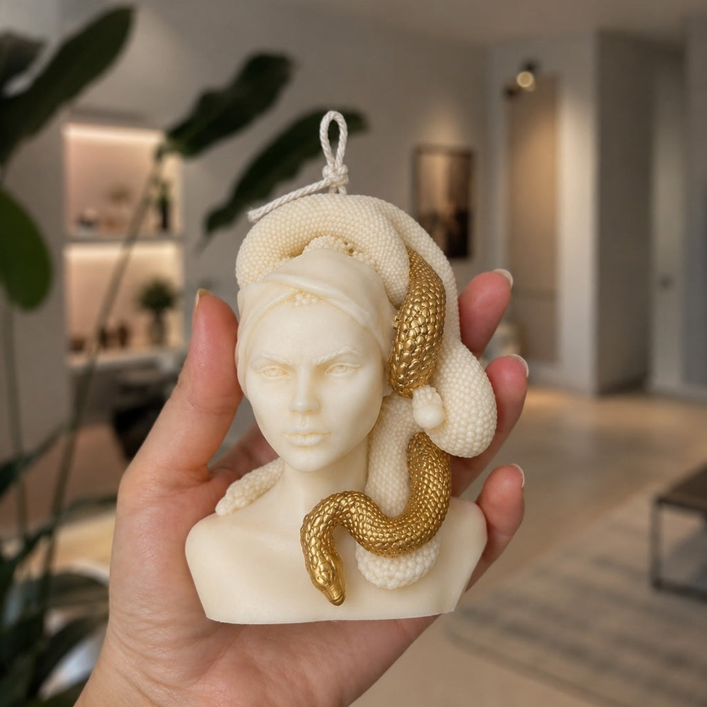 Warm Warren London hand made Soy Wax Medusa goddess Bust mini golden hand painted candle