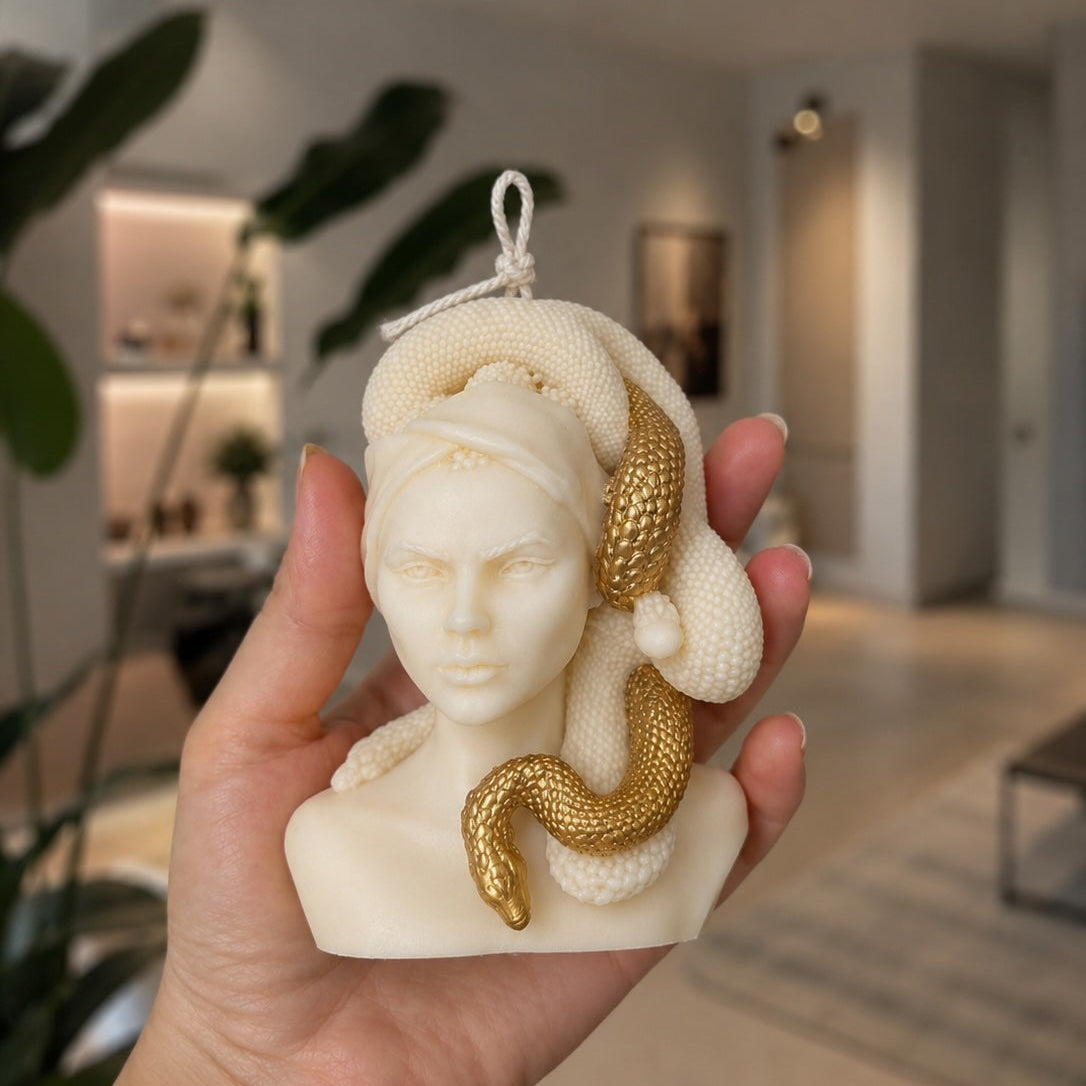 Warm Warren London hand made Soy Wax Medusa goddess Bust mini golden hand painted candle