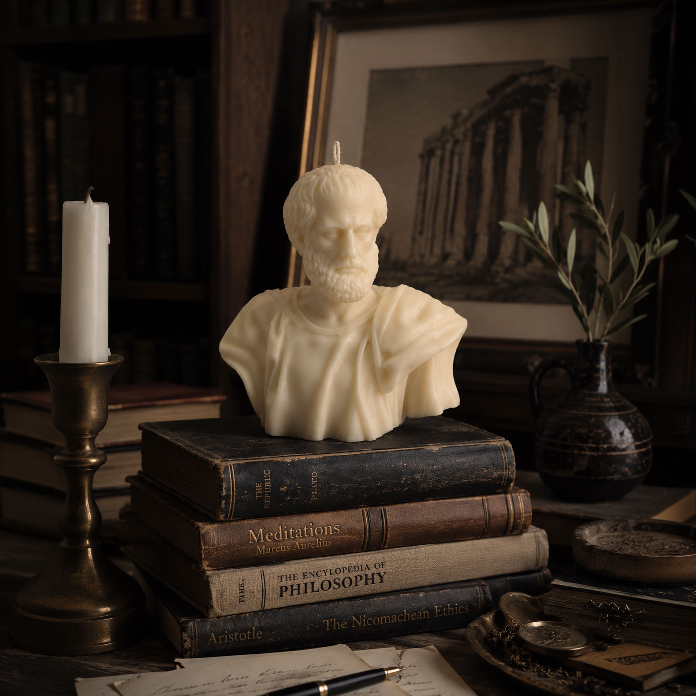 Aristotle Bust Candle styled on classic philosophy books in a dark academia library setting, handmade sculptural candle by Warm Warren London.