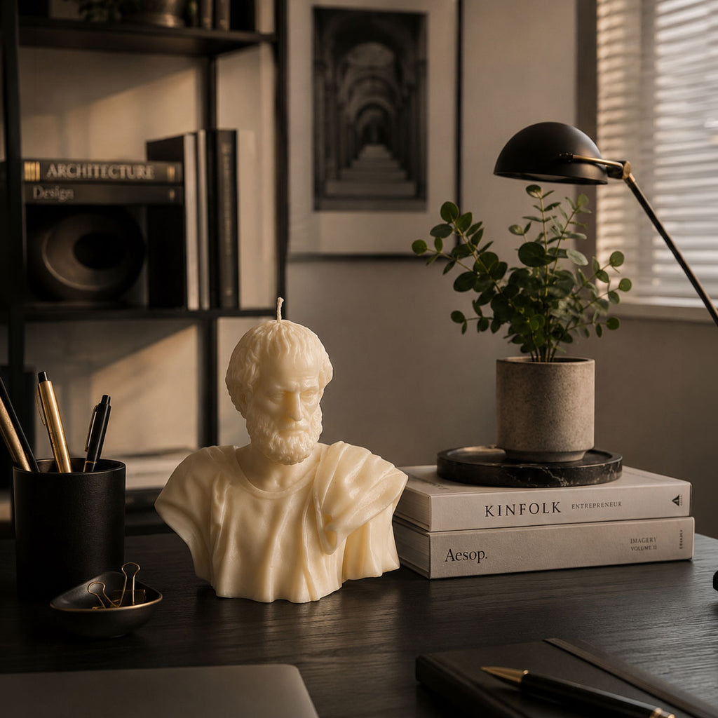 Aristotle Bust Candle on a contemporary office desk with books and greenery, handmade sculptural decor candle by Warm Warren London.