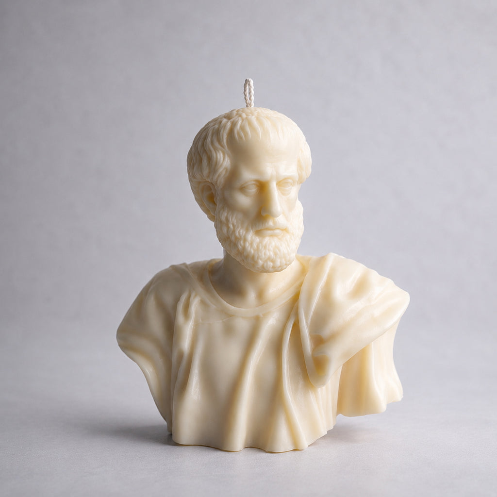 Aristotle Bust Candle by Warm Warren London, handmade ivory sculptural candle inspired by Greek philosophy, minimalist studio product photography.