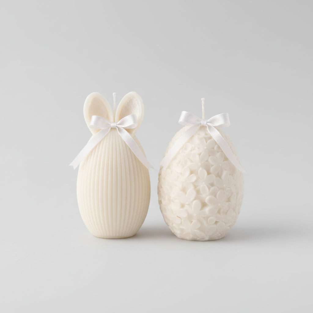 Decorative Easter eggs shaped like a rabbit and an egg on a plate with small pastel eggs and flowers.