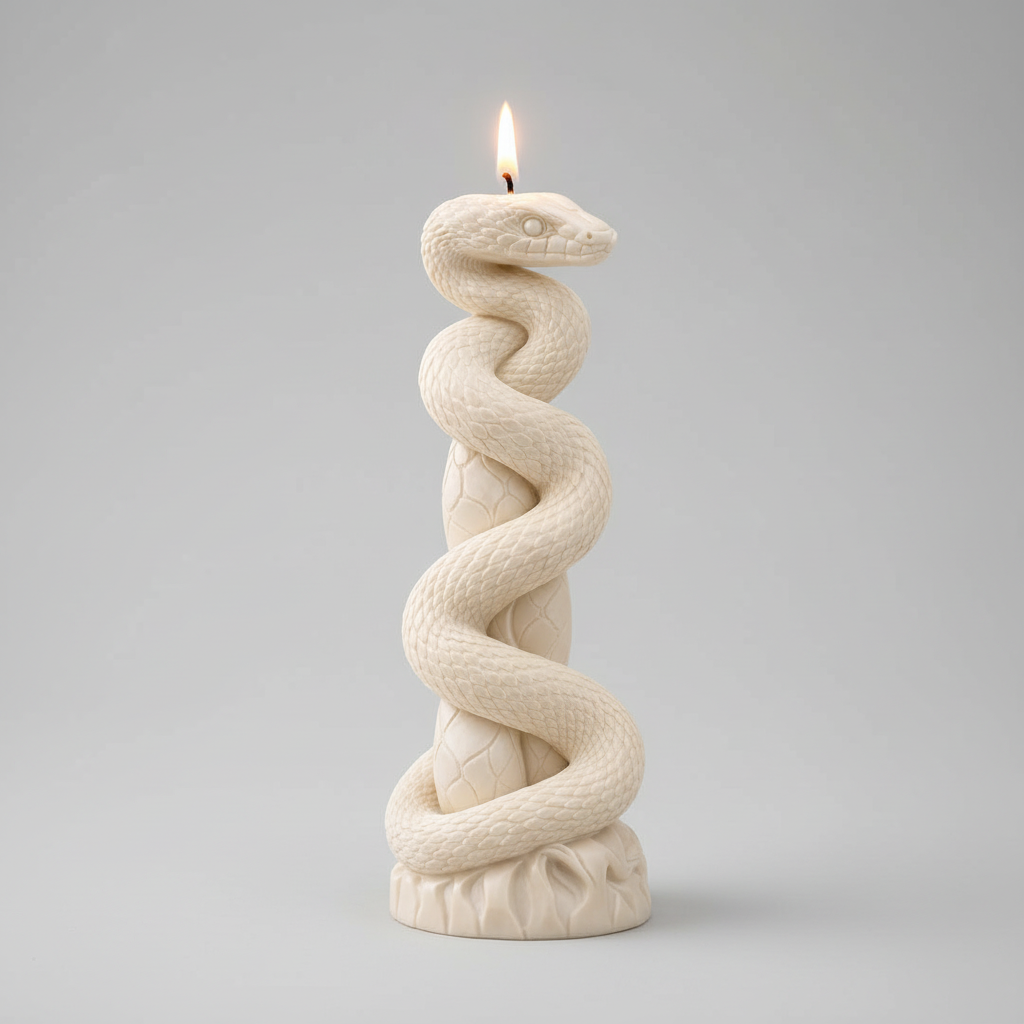 Decorative candle holder shaped like a snake with a lit candle inside, placed on a surface with a soft background.