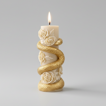 Decorative candle holder with floral designs on a table with candles and flowers in the background.