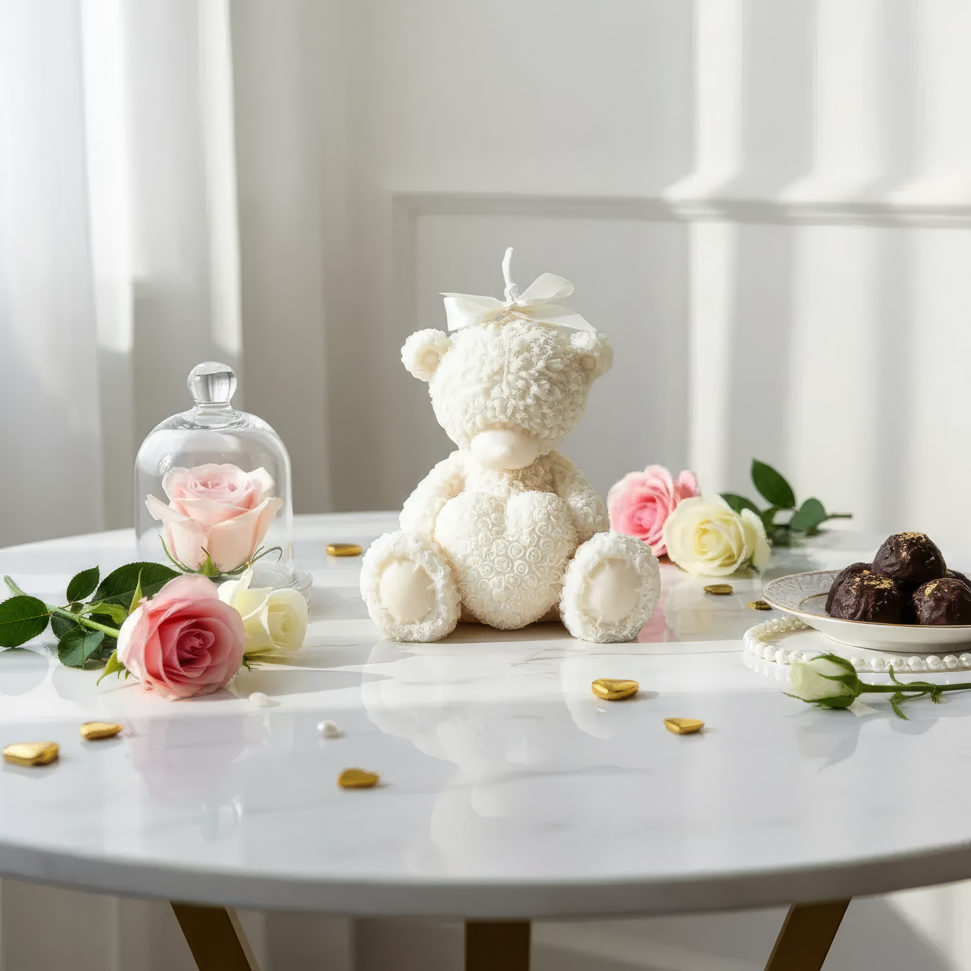 White teddy bear with a bow, roses, and truffles on a marble table to show details of Valentine’s Day Handmade Soy Wax Candle Gift Set Ivory Bear