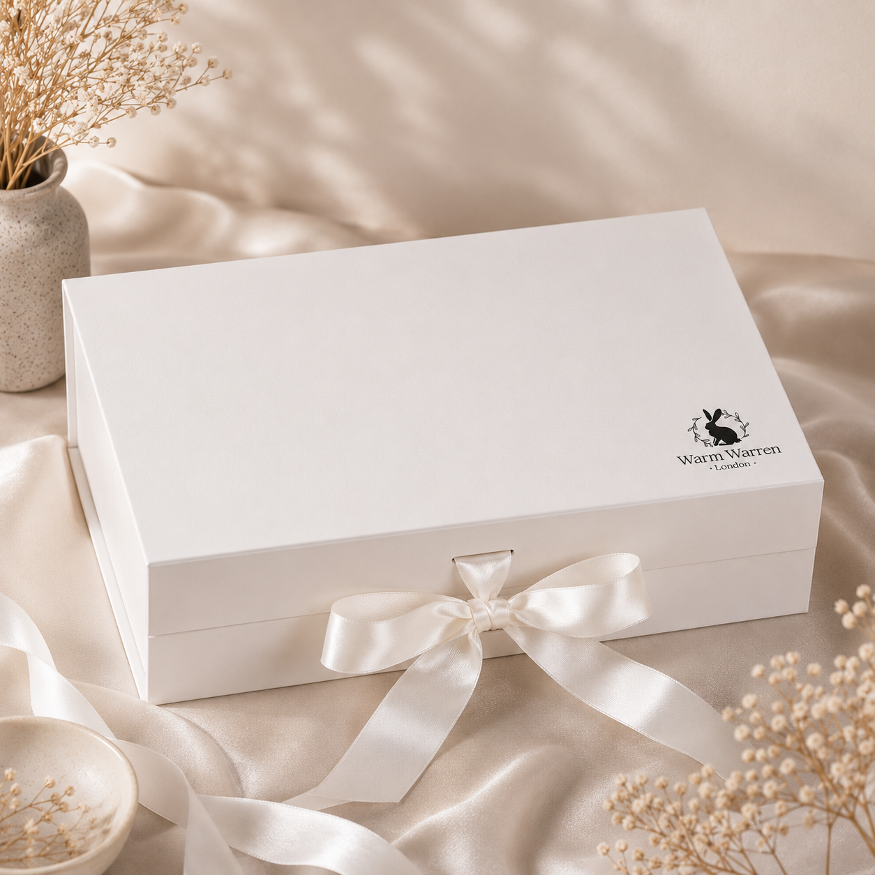 Warm Warren London Premium Magnetic White Gift Box with white ribbon