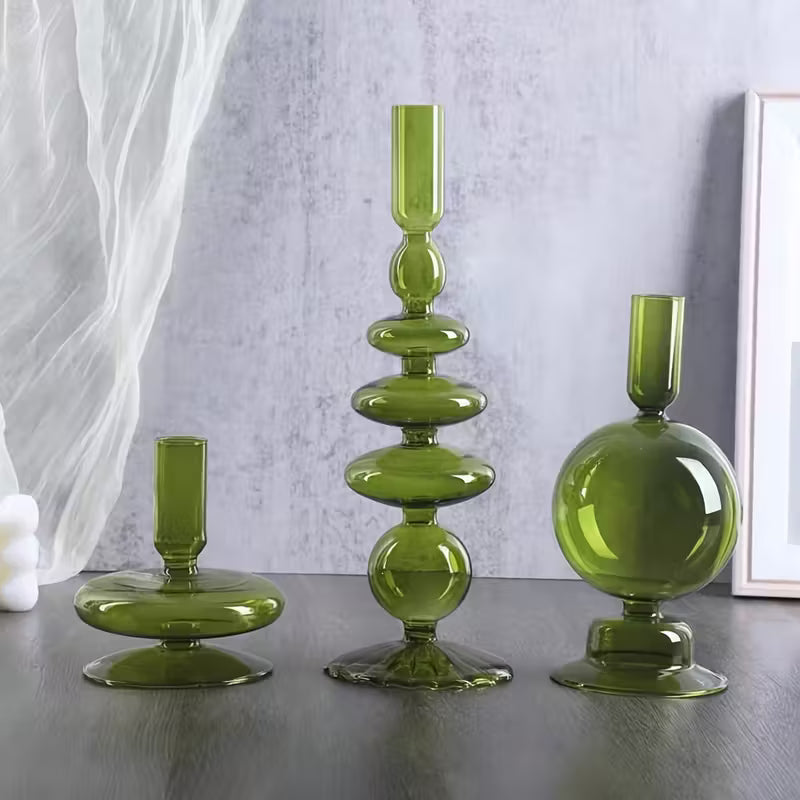 Emerald Glass Candle Holder Set 3 Pieces