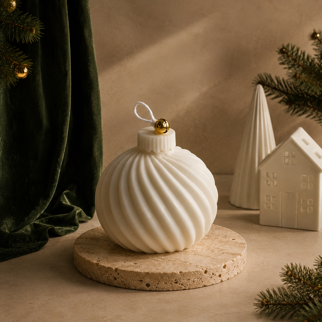 Luxury handmade ivory Christmas bauble candle with gold bell displayed on a travertine stone tray in a warm festive Christmas studio.
