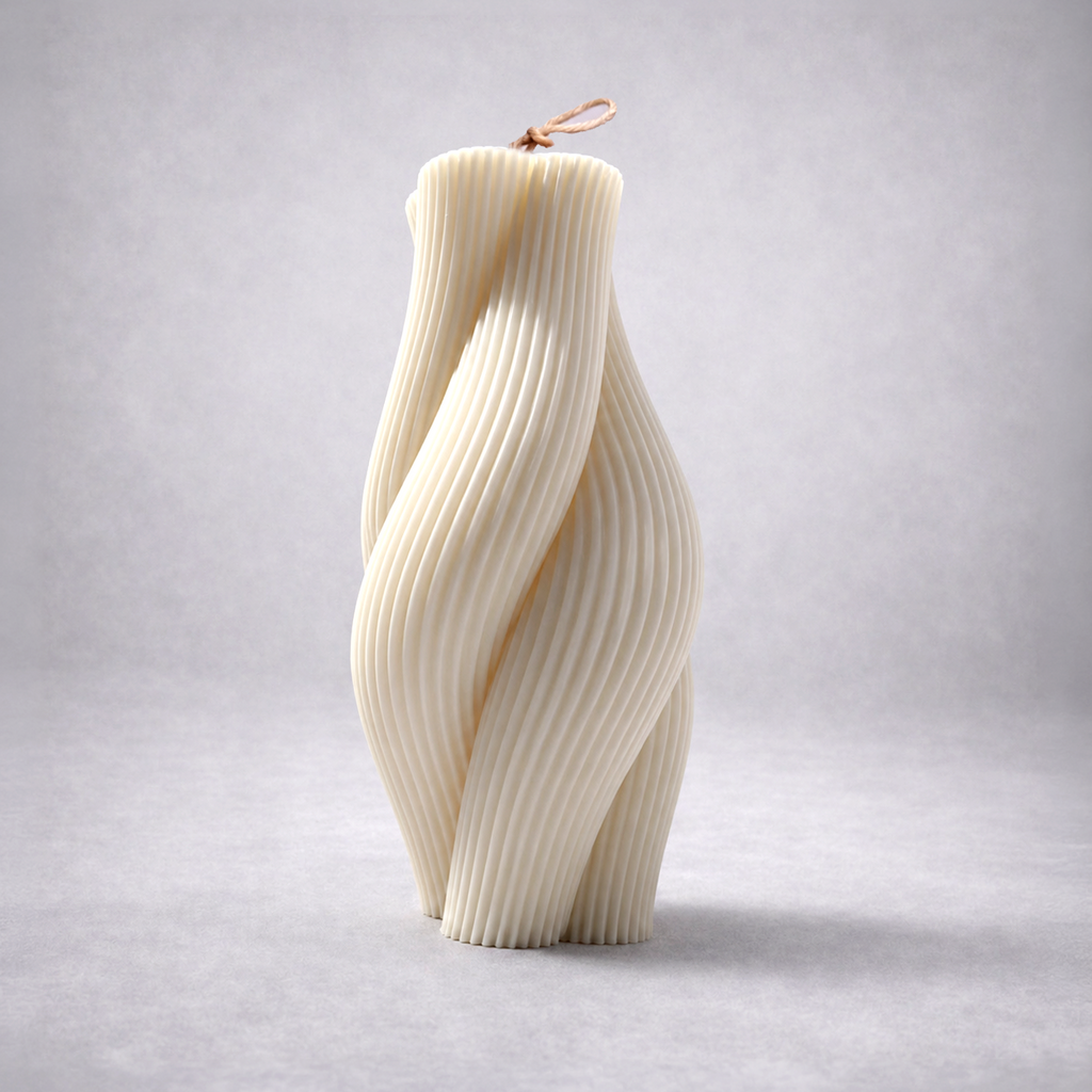Twisted Stripe - Large Pillar Candle. Luxury handcrafted sculptural soy wax candle by Warm Warren London, designed for modern and timeless interiors. Uniq, luxury gift.