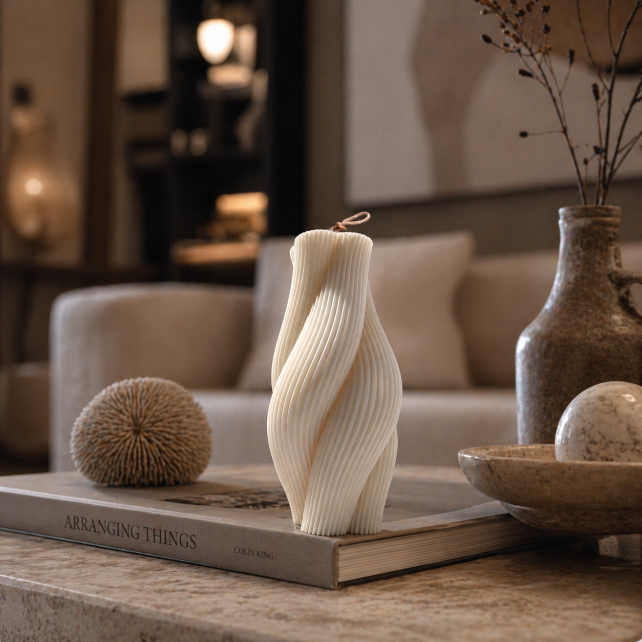 Twisted Stripe - Large Pillar Candle. Luxury handcrafted sculptural soy wax candle by Warm Warren London, designed for modern and timeless interiors. Uniq, luxury gift.