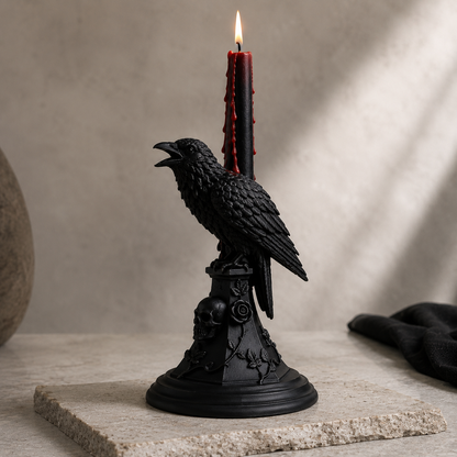 Two handmade black raven candle holders with skull bases displayed on a minimalist Halloween dining table, styled with black bleeding taper candles and gothic décor.