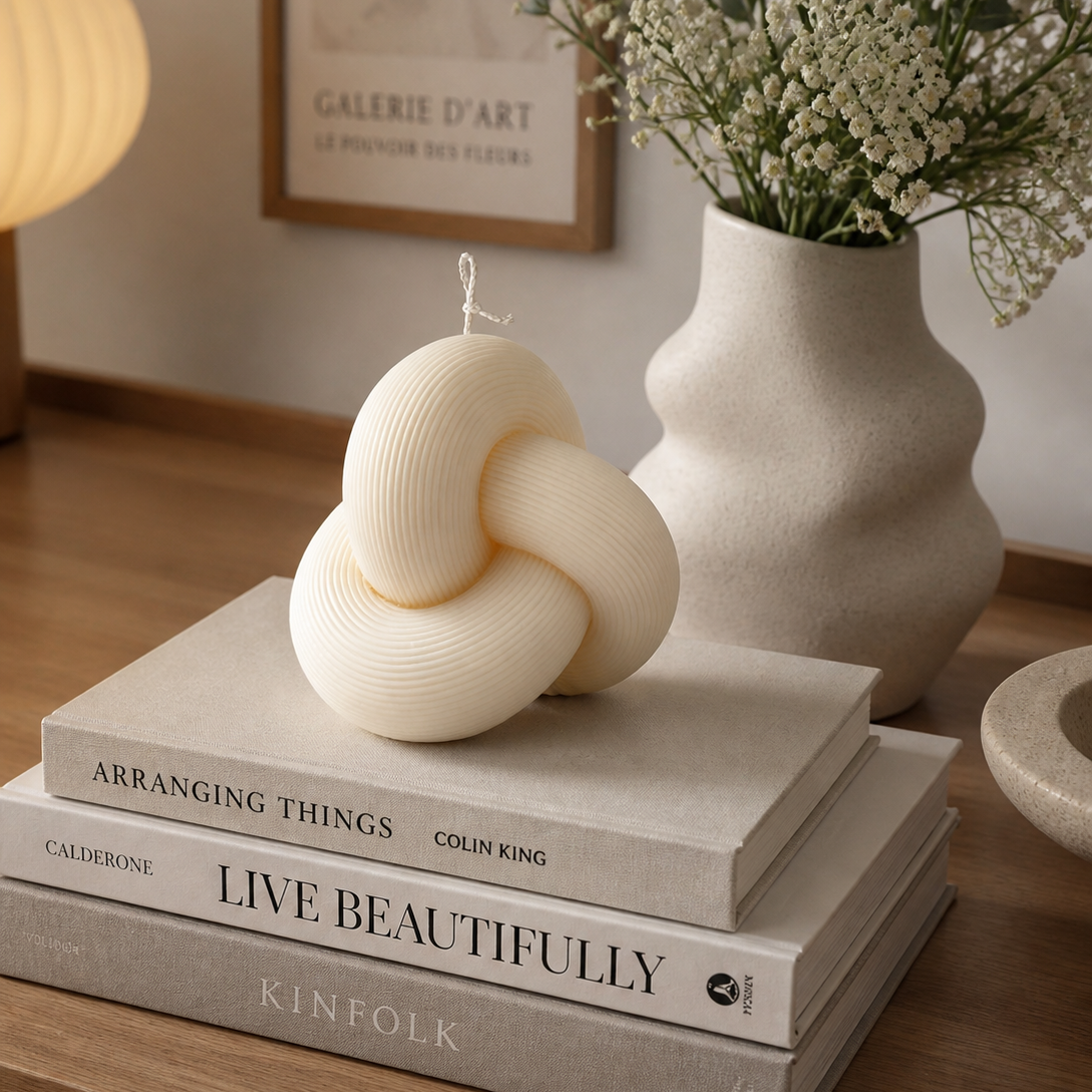 Knot – Large Pillar Candle. Luxury handcrafted sculptural soy wax candle by Warm Warren London, designed for modern and timeless interiors. Uniq, luxury gift.