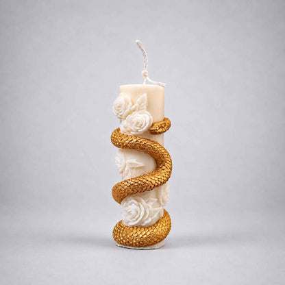 Snake Rose - Pillar Candle - Hand Painted Gold Edition. Luxury handcrafted soy wax Pillar candle by Warm Warren London, designed for modern and timeless interiors. Uniq, luxury gift.