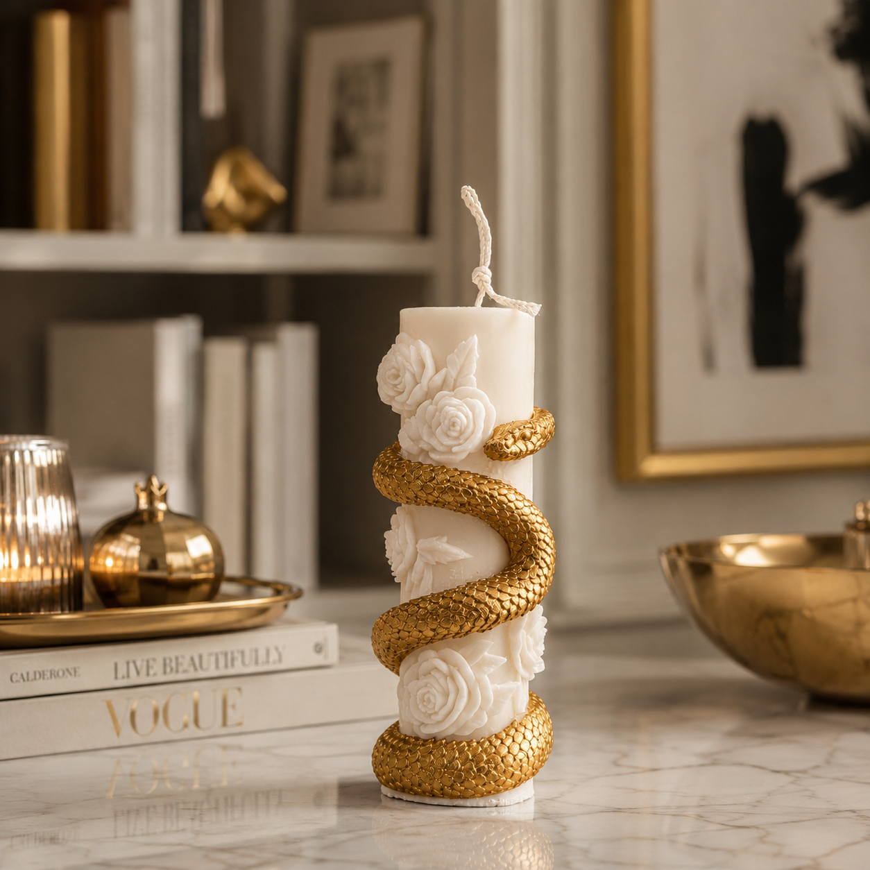 Snake Rose - Pillar Candle - Hand Painted Gold Edition. Luxury handcrafted soy wax Pillar candle by Warm Warren London, designed for modern and timeless interiors. Uniq, luxury gift.