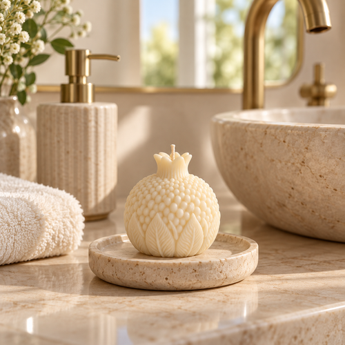 Ivory pomegranate soy wax candle with raised seed and leaf details on a stone dish beside a bathroom basin in soft daylight.