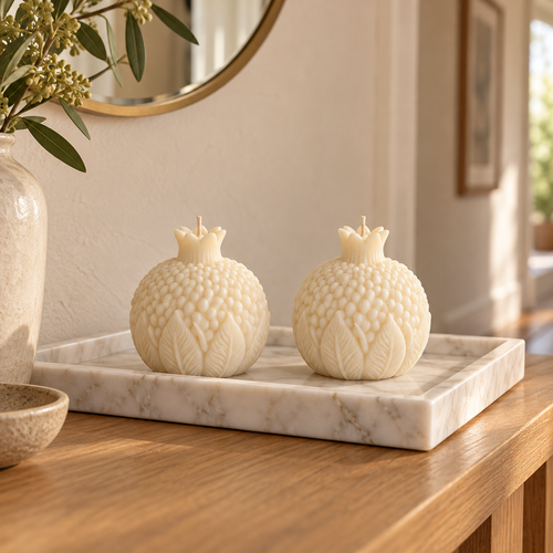 Two handmade ivory pomegranate soy wax candles on a rectangular marble tray, styled on an oak hallway console in warm daylight.