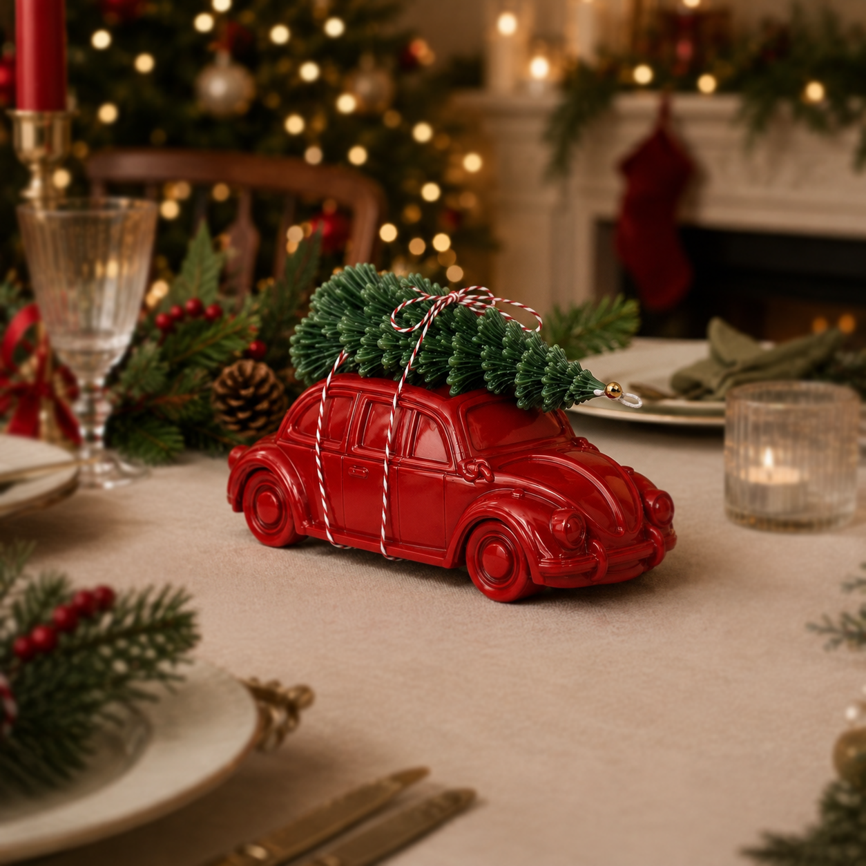 A red vintage-style car figurine tied with string and carrying a small green Christmas tree, displayed on a decorated holiday table with candles, plates, pine branches, and a blurred Christmas tree in the background.