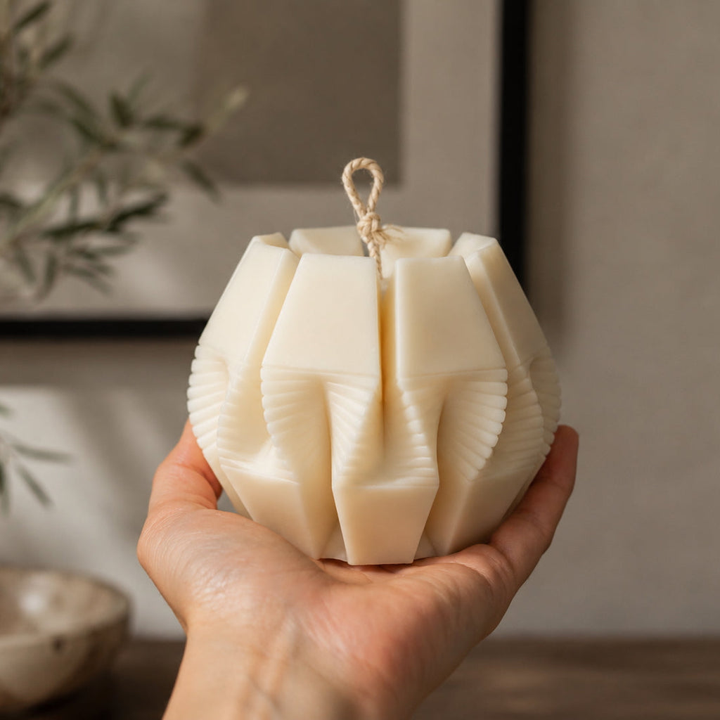 Nexus Pillar Candle in premium natural ivory wax, featuring a modern geometric sculptural design. Hand-poured in London as a luxury decorative candle for contemporary home interiors.