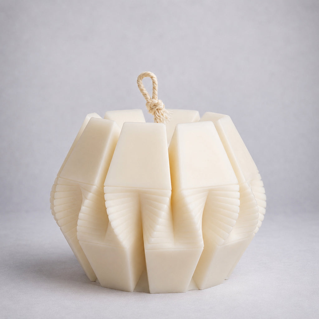 Nexus Pillar Candle in premium natural ivory wax, featuring a modern geometric sculptural design. Hand-poured in London as a luxury decorative candle for contemporary home interiors.