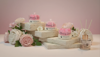 Warm Warren London Blooming Love, handmade soy wax Candle Flower in Glass container 3 set studio photo. Valentines day, mothers day gift set