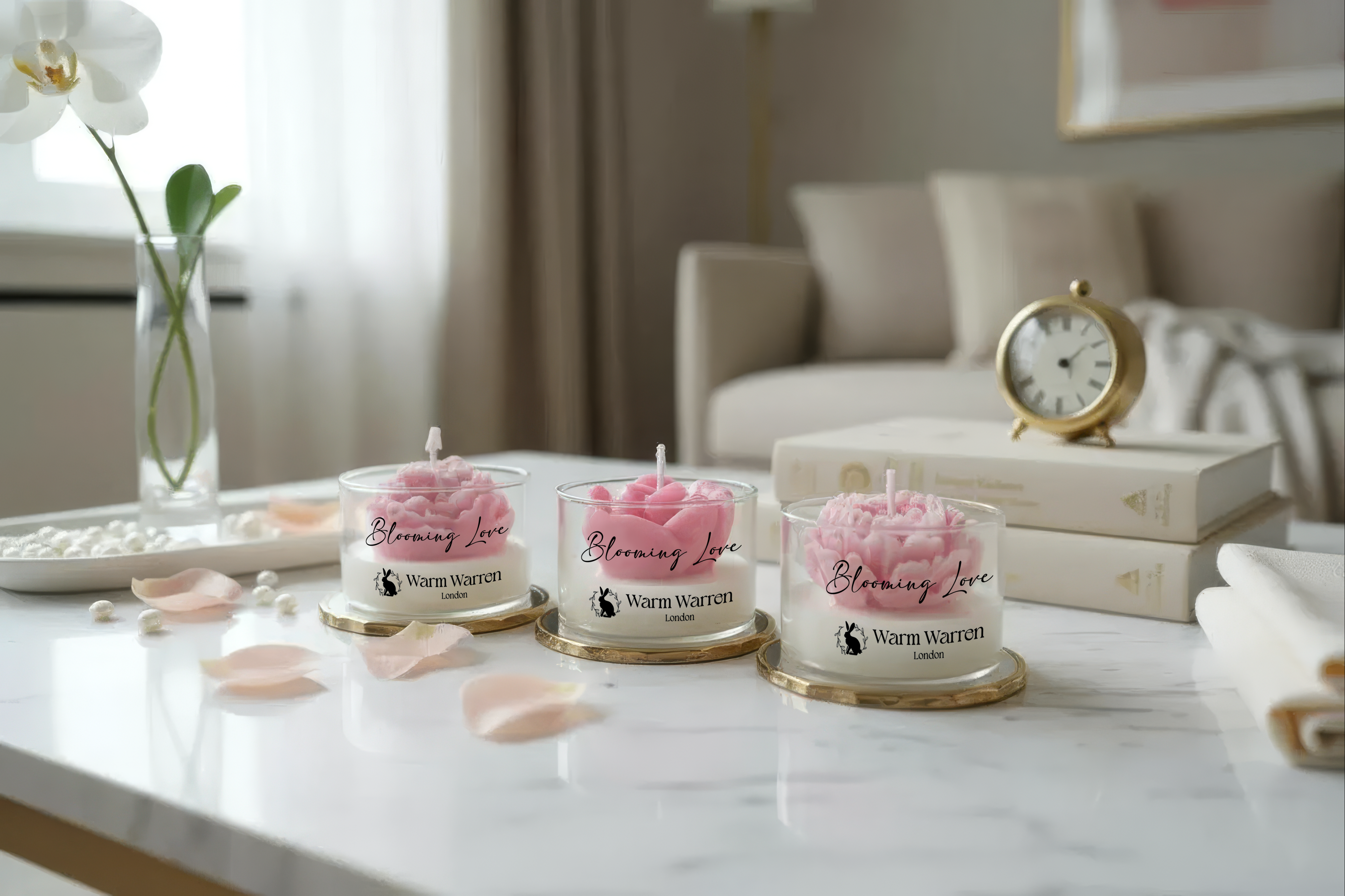 Three pink Flower Soy Wax Handmade candles in glass holders on a coffee table. Its interior use of Blooming Love Candle Gift Set - 3pcs