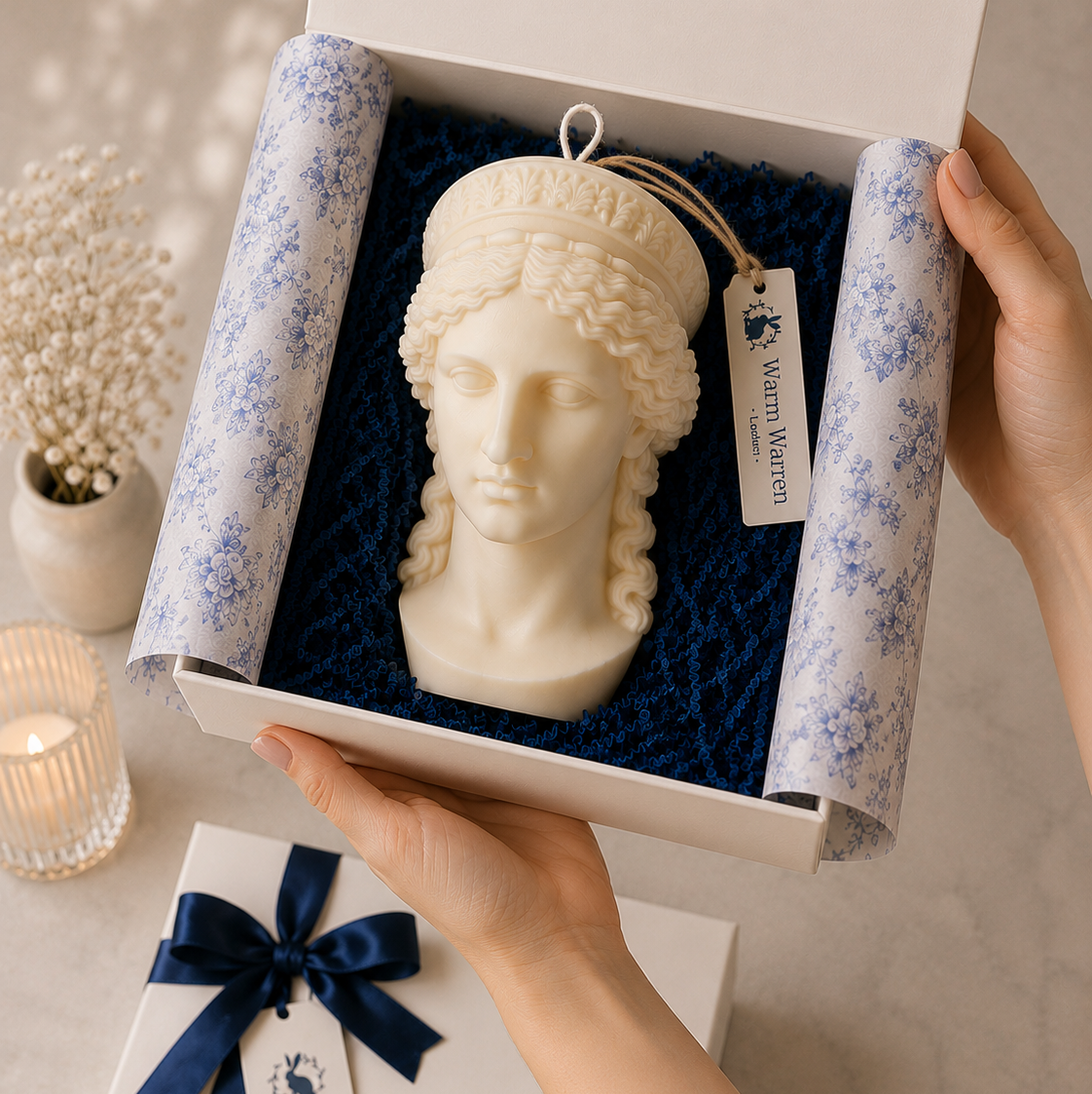 Hera Goddess Bust - Large Sculpture Candle. Luxury handcrafted sculptural soy wax candle by Warm Warren London, designed for modern and timeless interiors. Uniq, luxury gift.