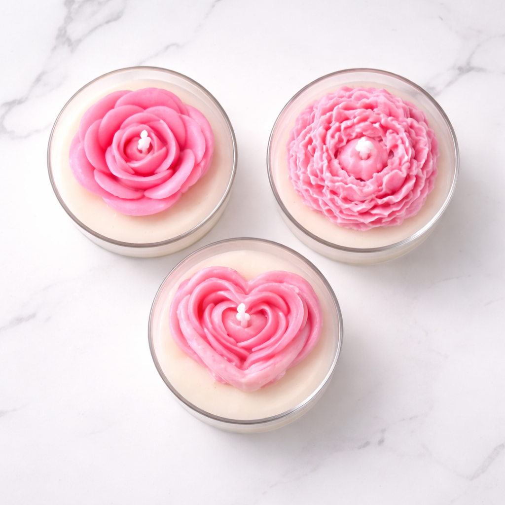 El Yapımı Pembe Gül ve Şakayık Cam Kavanoz Mum Hediye Seti – 3 Parça
