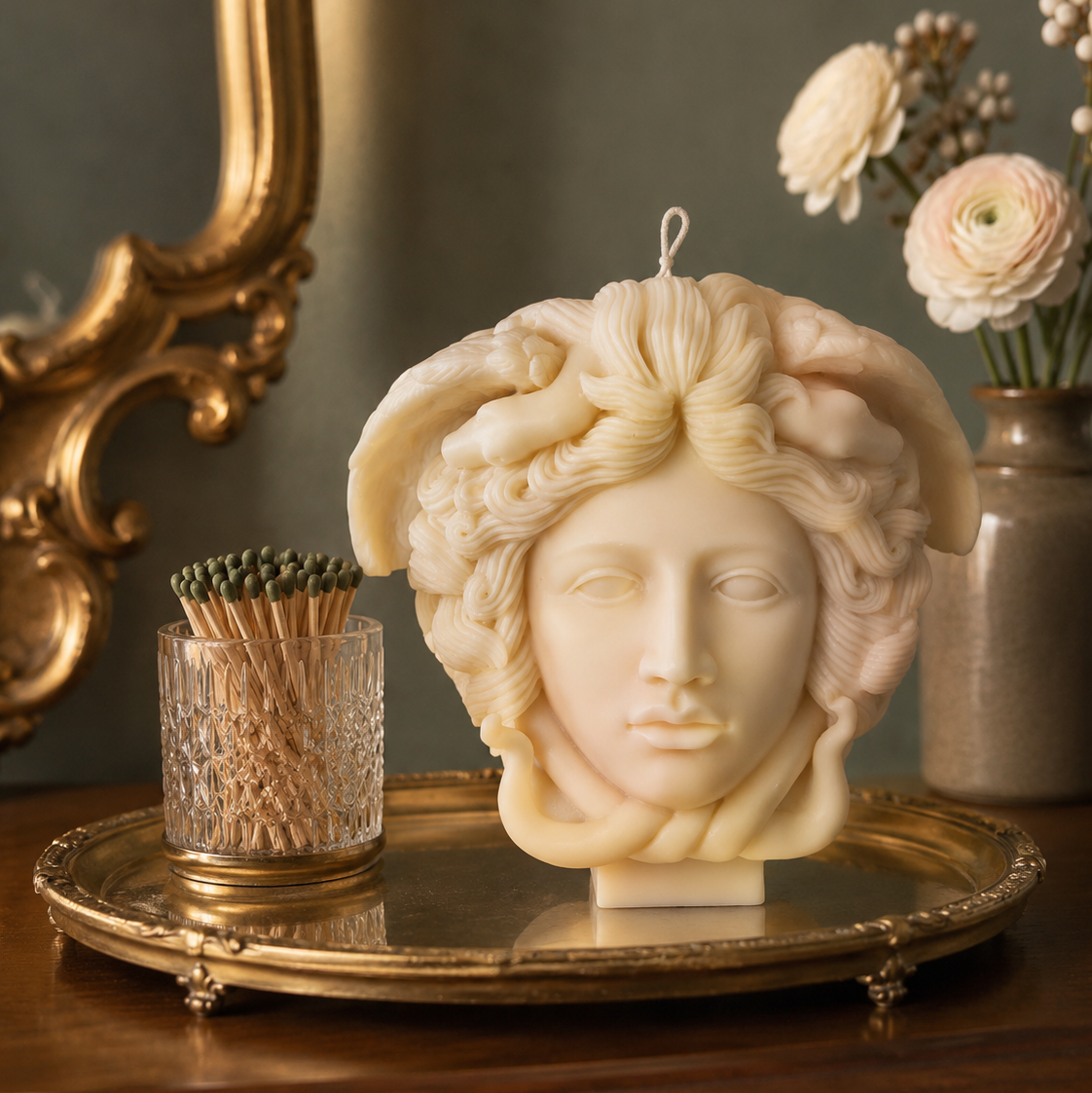 Candle shaped medusa bust with decorative elements on a table. warm warren london handmade artisanal soy wax clean burn vegan large medusa bust candle 
