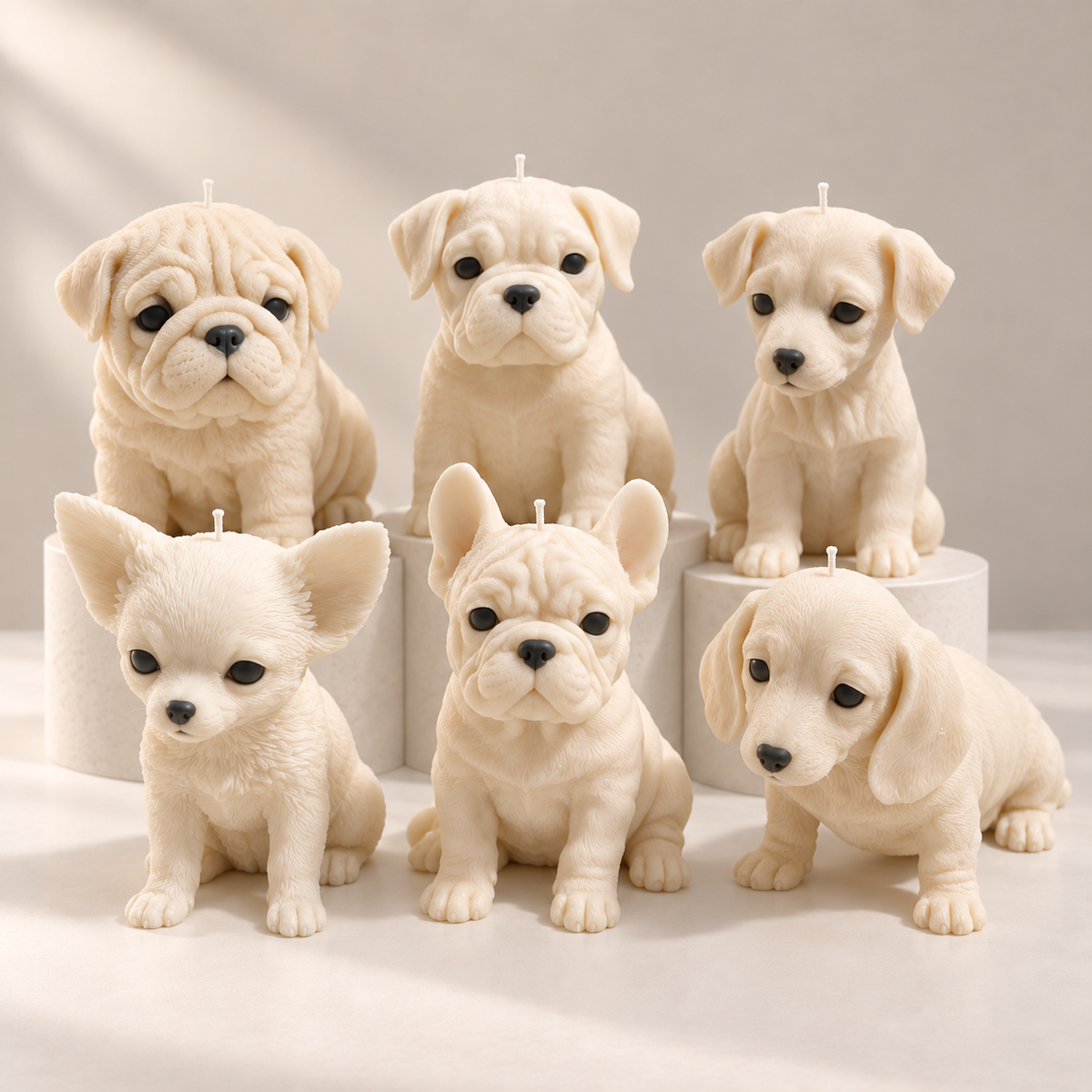 Six handmade ivory puppy candles from The Best Friend Collection, arranged in soft natural light.