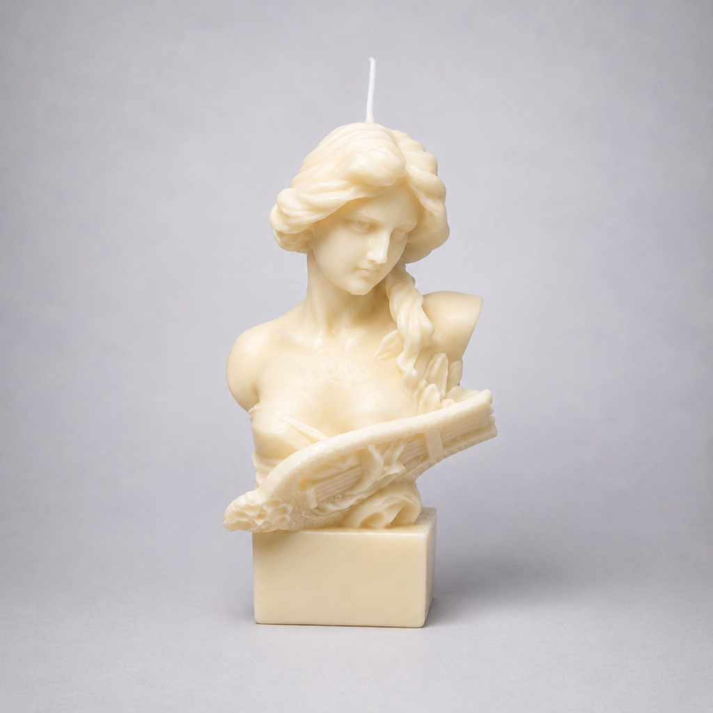 Lyra Sculpture Candle handcrafted ivory wax bust featuring a classical female sculpture holding a lyre, photographed on a premium neutral studio background.