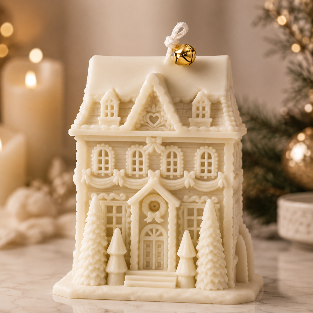 Luxury ivory Gingerbread House Candle handcrafted from natural soy wax with intricate festive house details and a gold bell on the cotton wick.