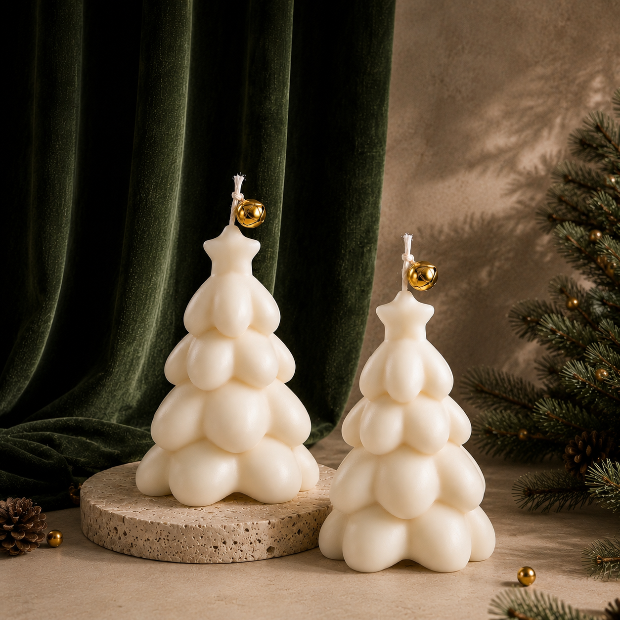 Snowtree luxury ivory handmade soy wax Christmas tree candle set with gold bell detail displayed on natural travertine in a luxury festive studio setting.