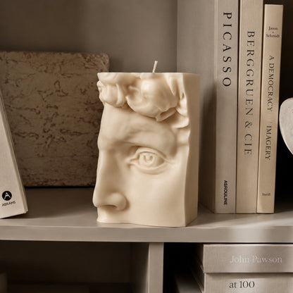A sculptural cream-colored candle shaped like a classical male face is displayed on a bookshelf between books.