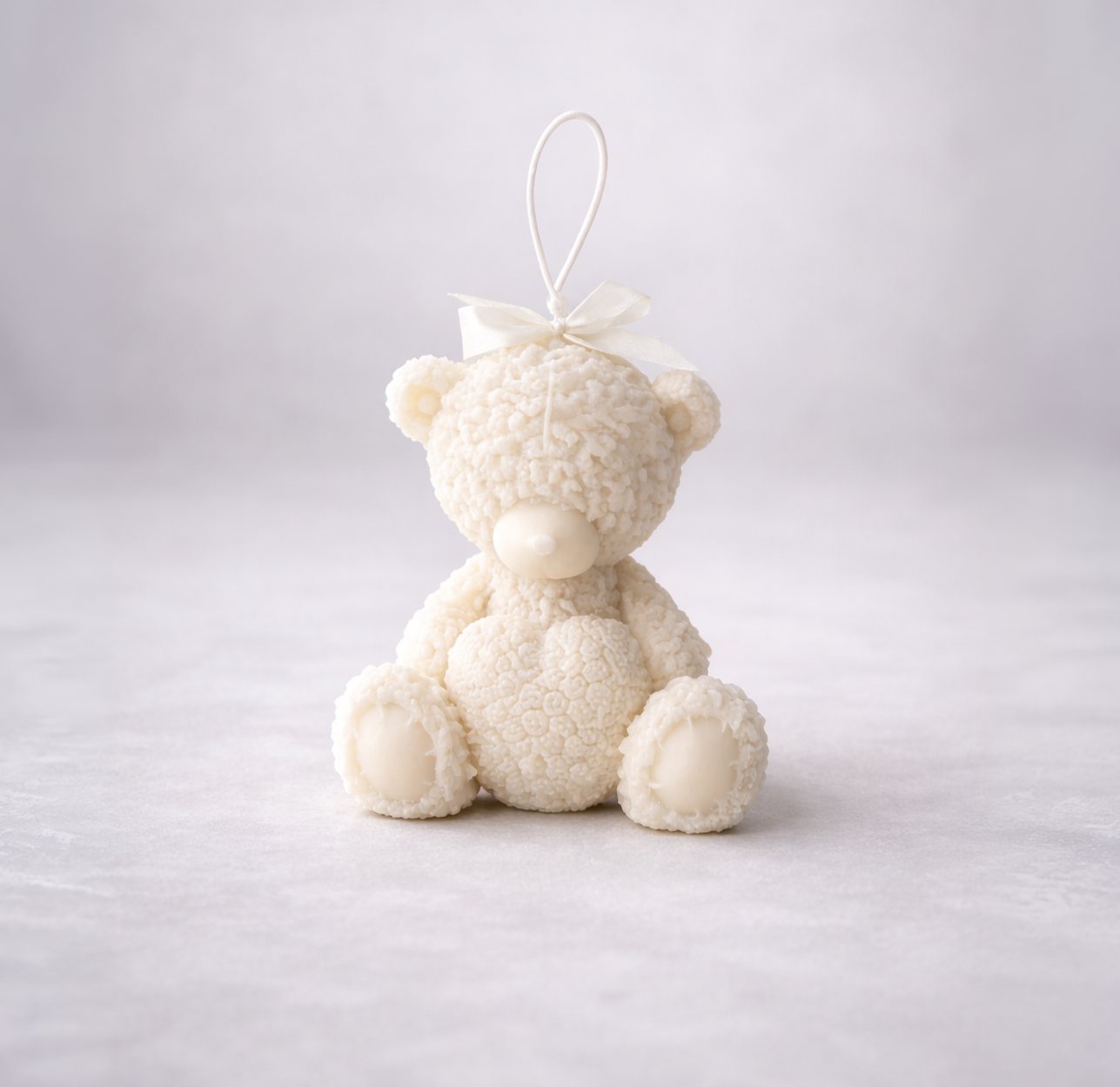 warmwarren_White teddy bear soy wax candle with a bow. Perfect for gift 