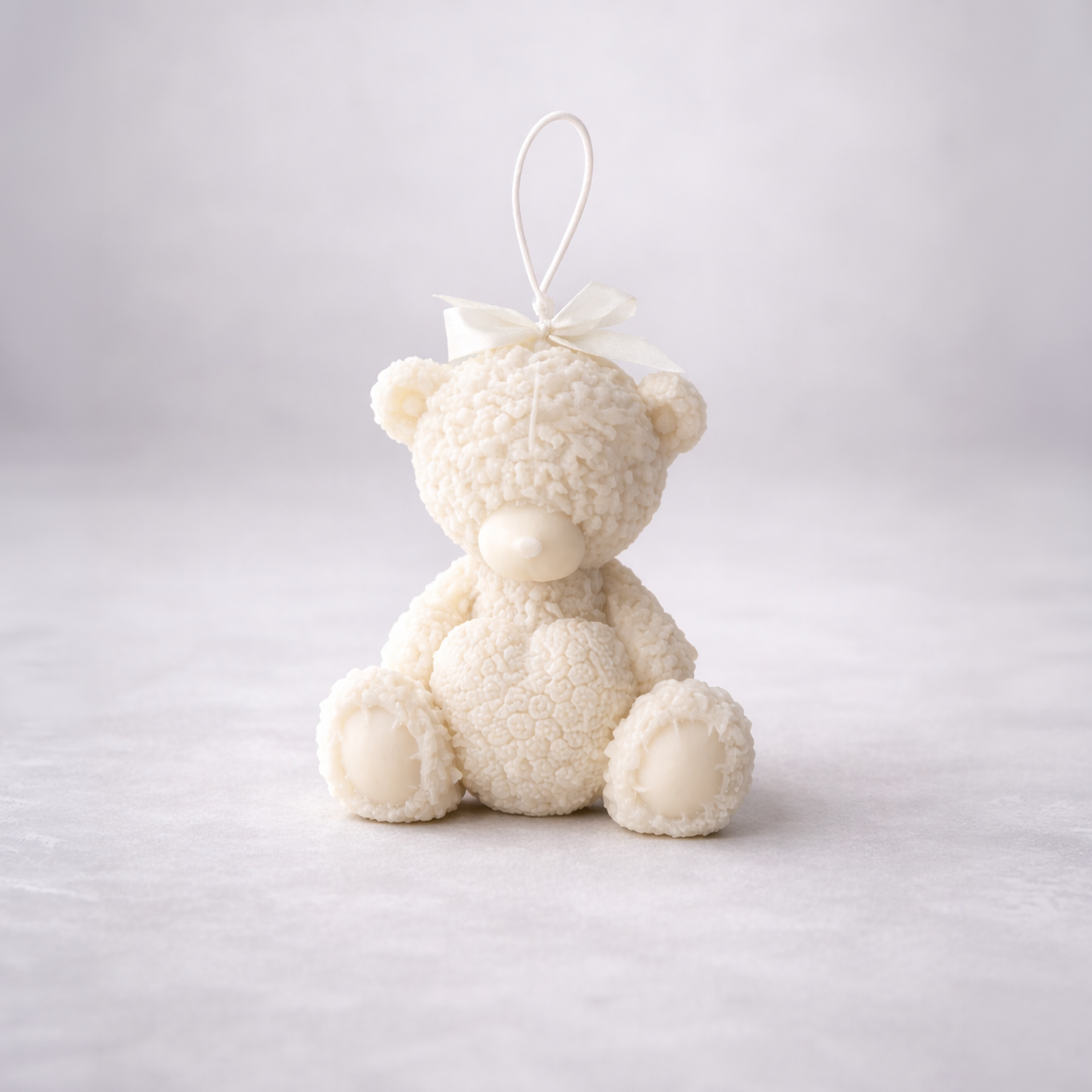 warmwarren_White teddy bear soy wax candle with a bow. Perfect for gift 