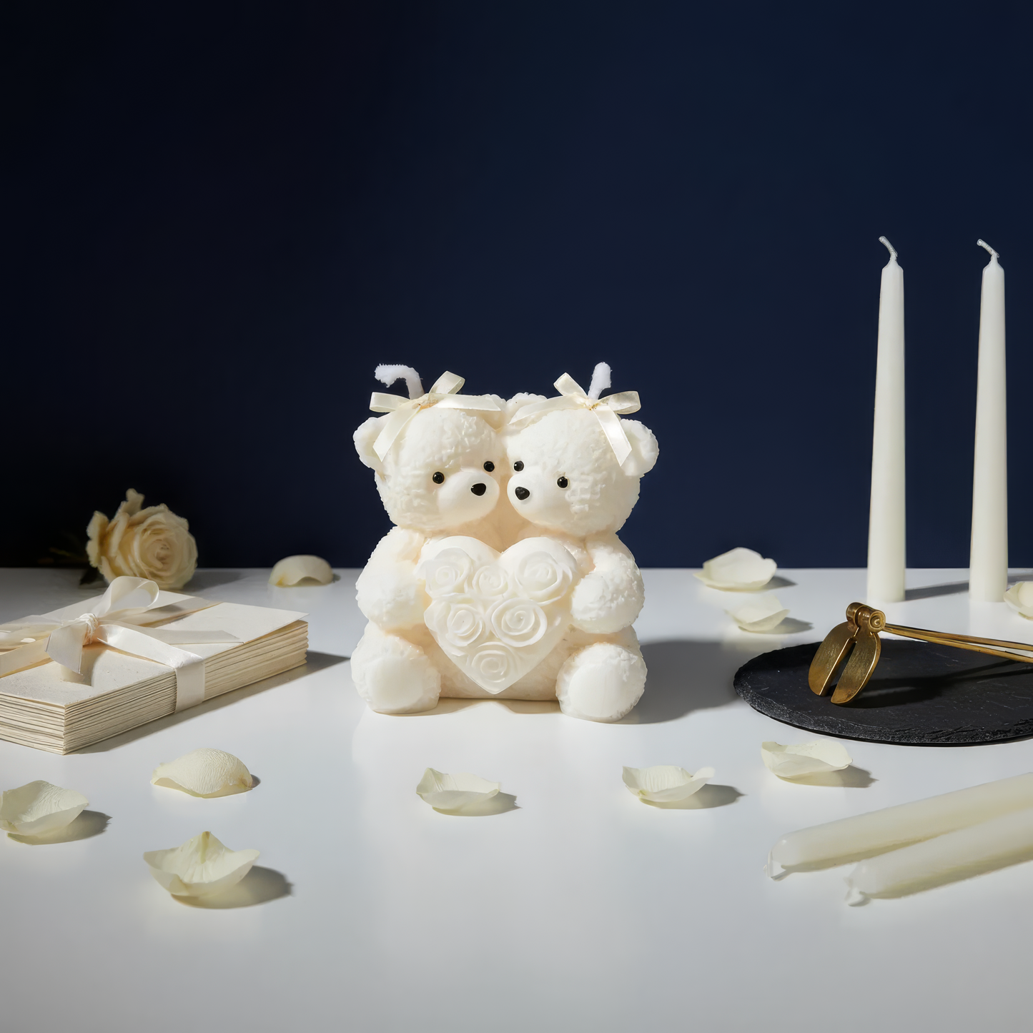 Sculptural Love Bears White Candle Gift - Valentine's Day Gift. Two teddy bears couple lovers carved handmade soy wax candle as a valentine's day table decor