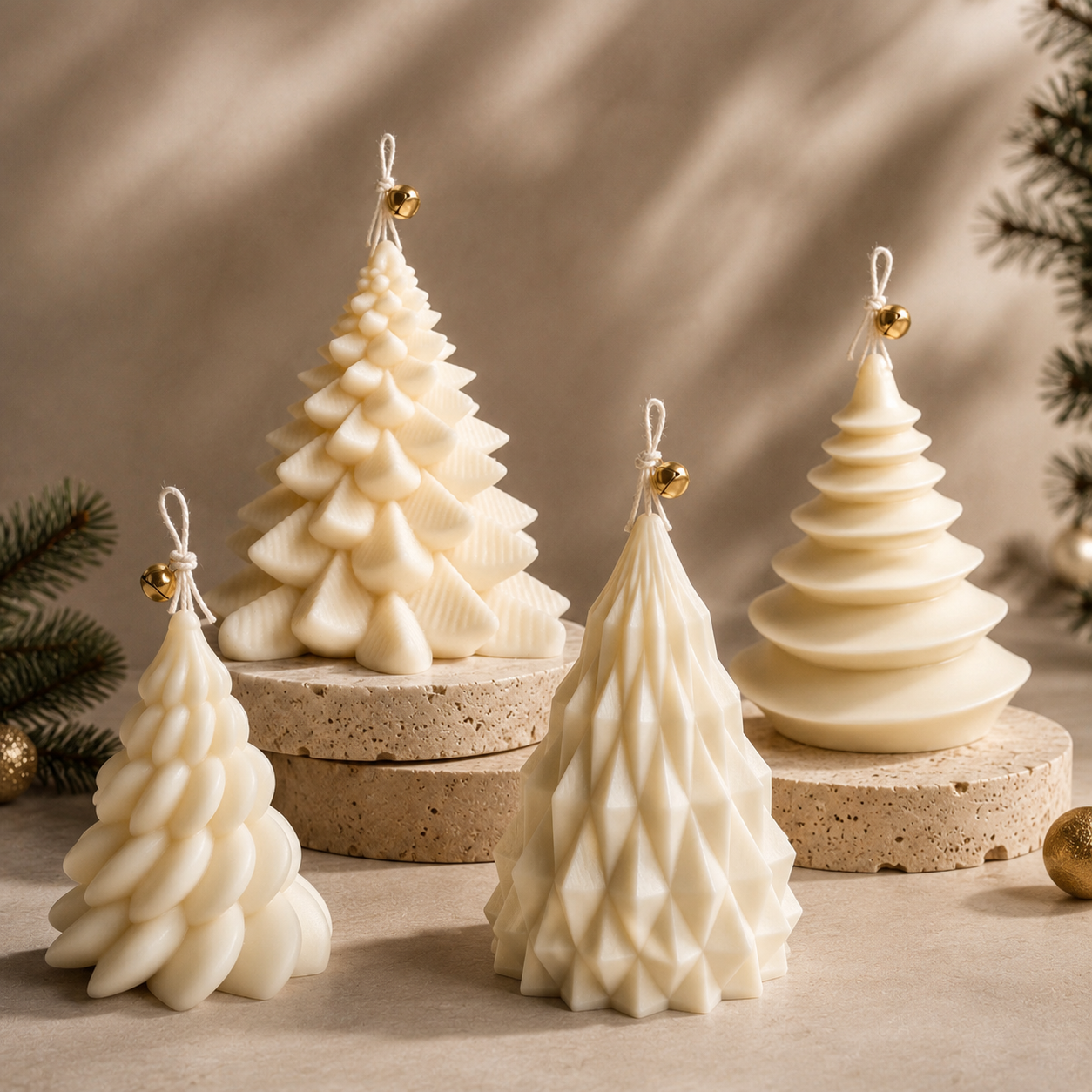 The Christmas Forest Collection featuring four handmade luxury ivory soy wax tree candles with gold bell details displayed as an elegant Christmas table centrepiece.