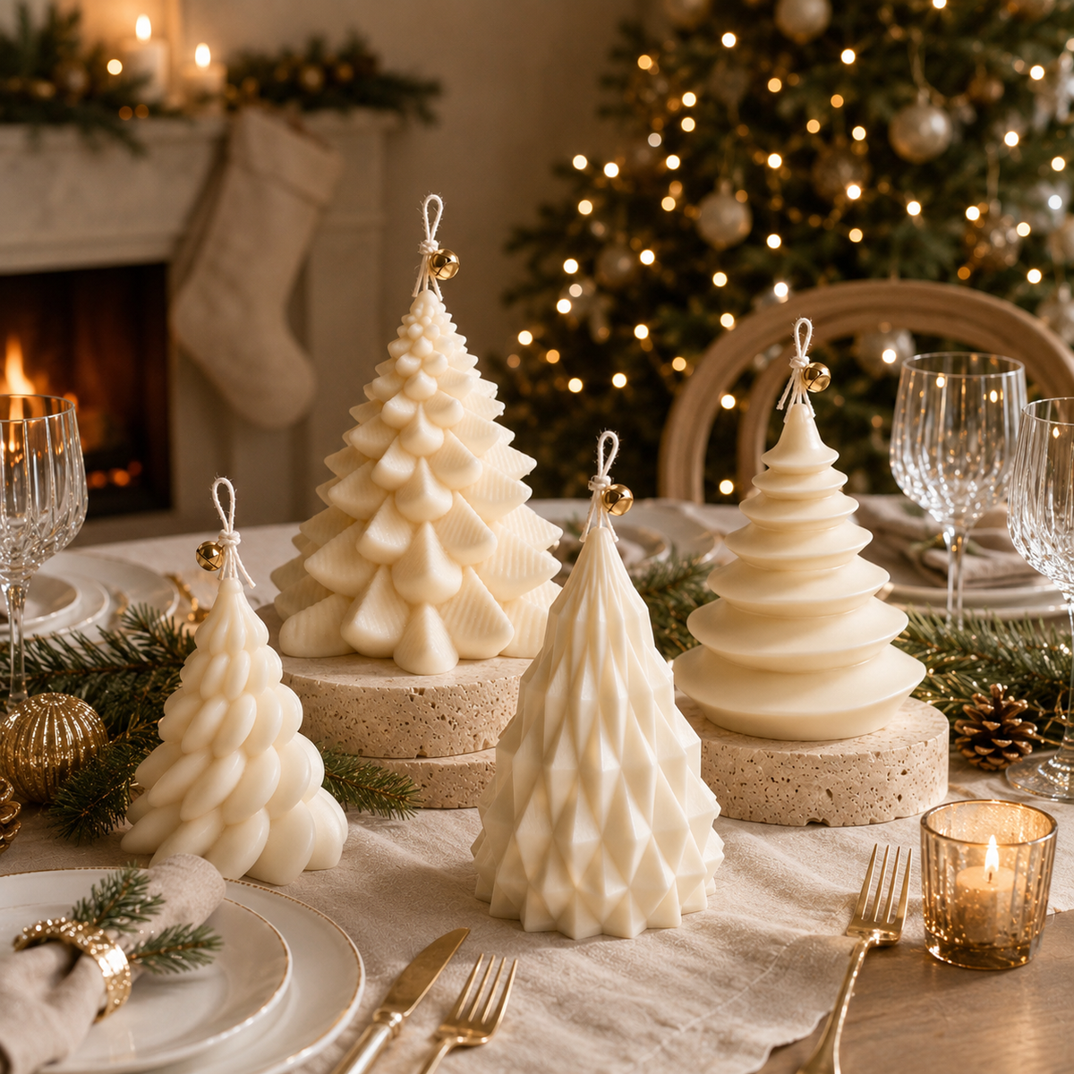 The Christmas Forest Collection featuring four handmade luxury ivory soy wax tree candles with gold bell details displayed as an elegant Christmas table centrepiece.