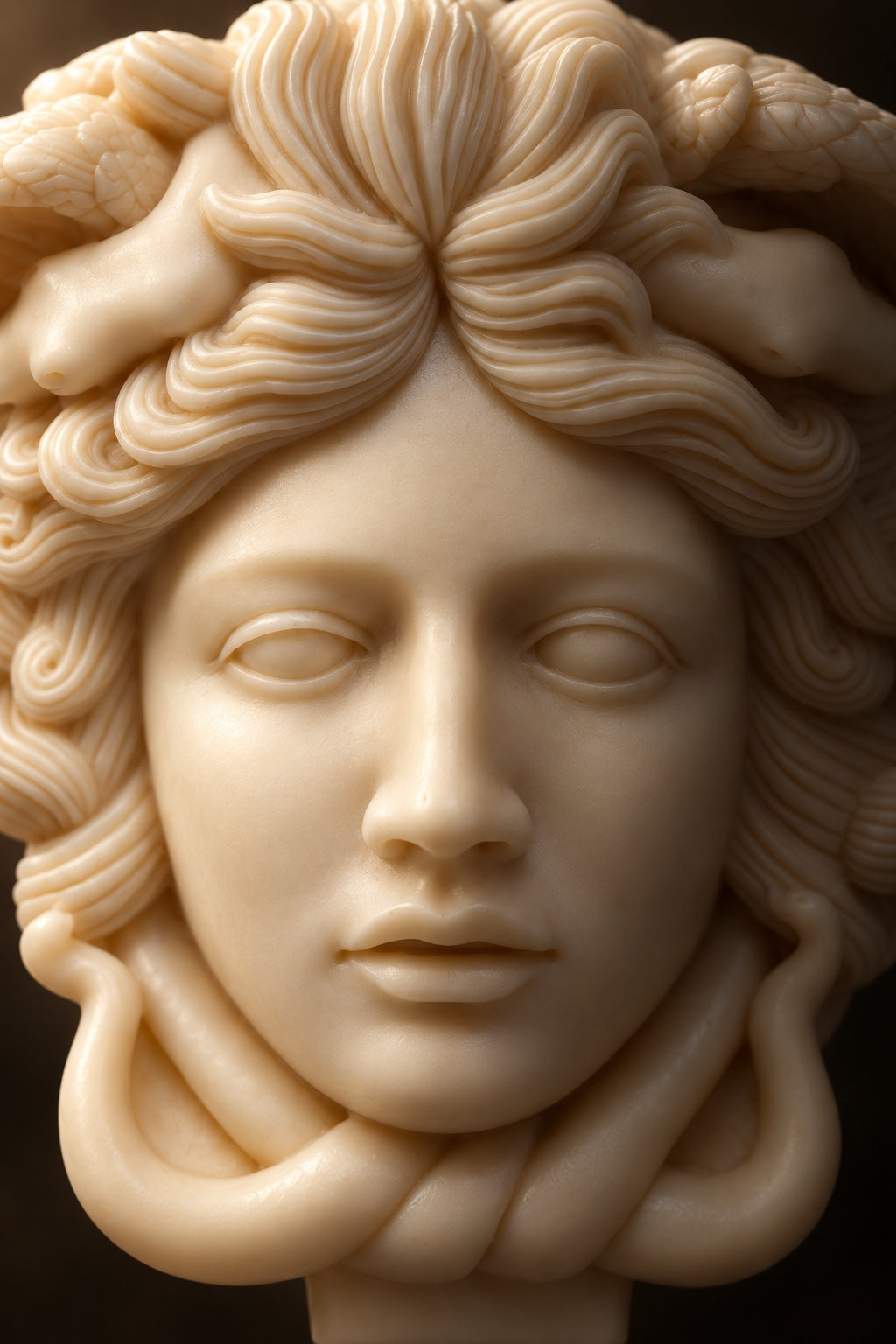 Medusa sculptural candle, close-up in warm light
