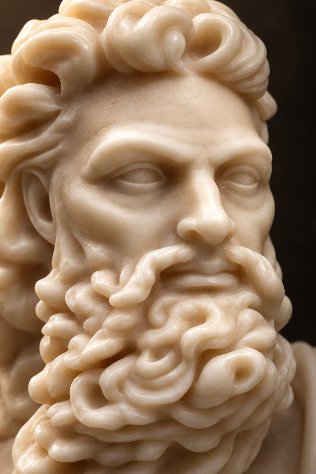 Zeus sculptural candle, close-up in warm light